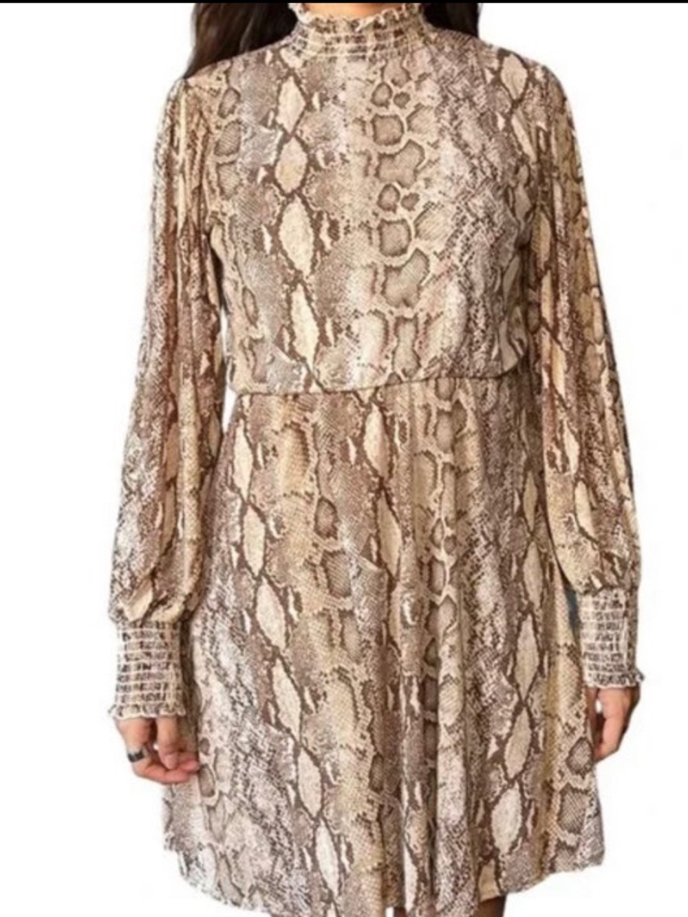 Snake Print Long Sleeve High Neck Mini Dress - Neutral